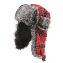 Winter Hat - Trapper Hat Plaid With Faux Fur (Red)