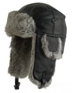 Winter Hat - MJM Trapper Hat Leather With Rabbit Fur (Black/Gre7)