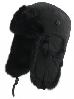 Winter Hat - MJM Trapper Hat Taslan With Rabbit Fur (Black/Black)